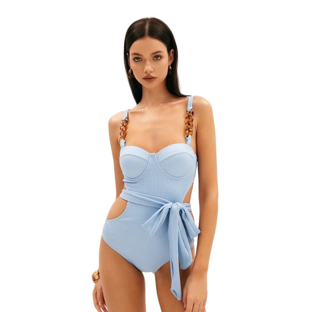 NWT Commense Light Blue Ribbed Cutout One-Piece~Swimsuit~Chain Straps~Tie Waist